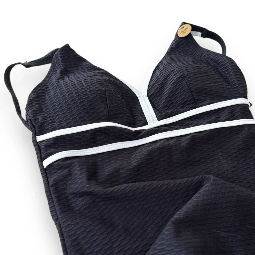 Audrey Omega Texture 2pc Shaping Tankini Black Wm Sz 4 Sewn-in-place molded cups